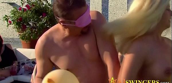  Kinky couples are in a wild pool party naked and playing blindfolded sex games!